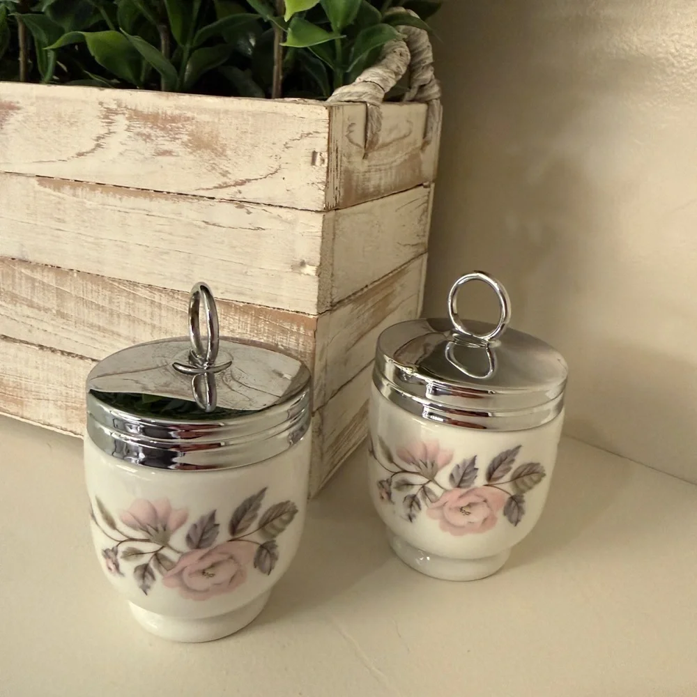 Royal Worcester Porcelain Pair of Egg Coddlers in June Garland Pattern VTG.